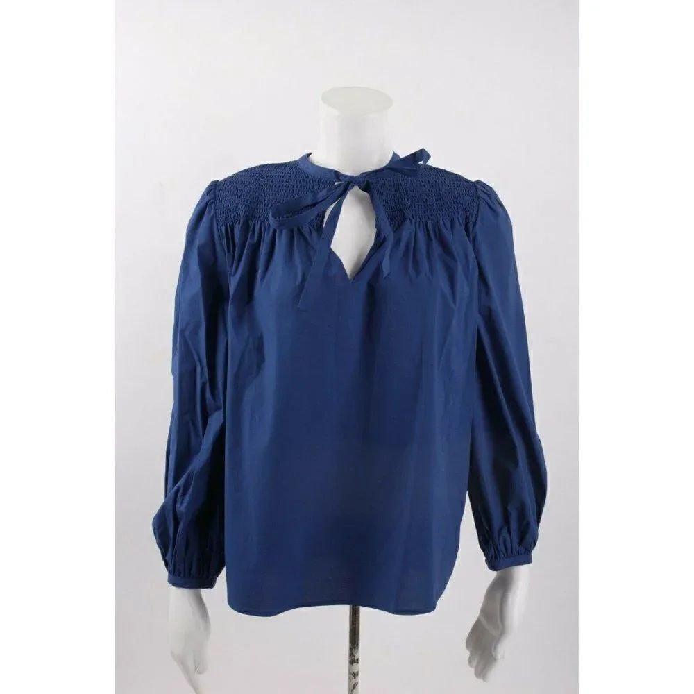 Derek Lam 10 Crosby Womens Austin Smocked Top Blouse Sz 0 Blue Puff Sleeve NWT